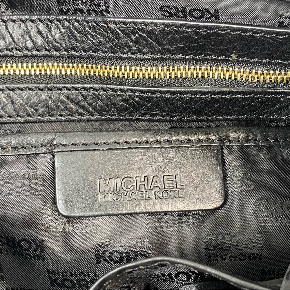 Michael Kors Black Leather Shoulder Bag with Gold Accents Gold MK Charm Studs - Picture 15 of 16